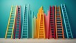 © Brittany - several colorful ladders of varying heights against a light blue background symbolizing career progression growth and different paths to success