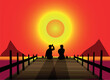 © Dragon_navi - Two Friends Sitting on Pier at Sunset Drinking Beer, Flat Vector Illustration