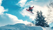 © Tin - Snowboarder backflipping in extreme action concept. Daring snowboarder soars through sky in a stunning winter landscape.