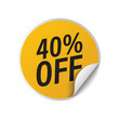 © Amir - Yellow round discount sticker showing forty percent off price reduction for commercial retail sales promotions