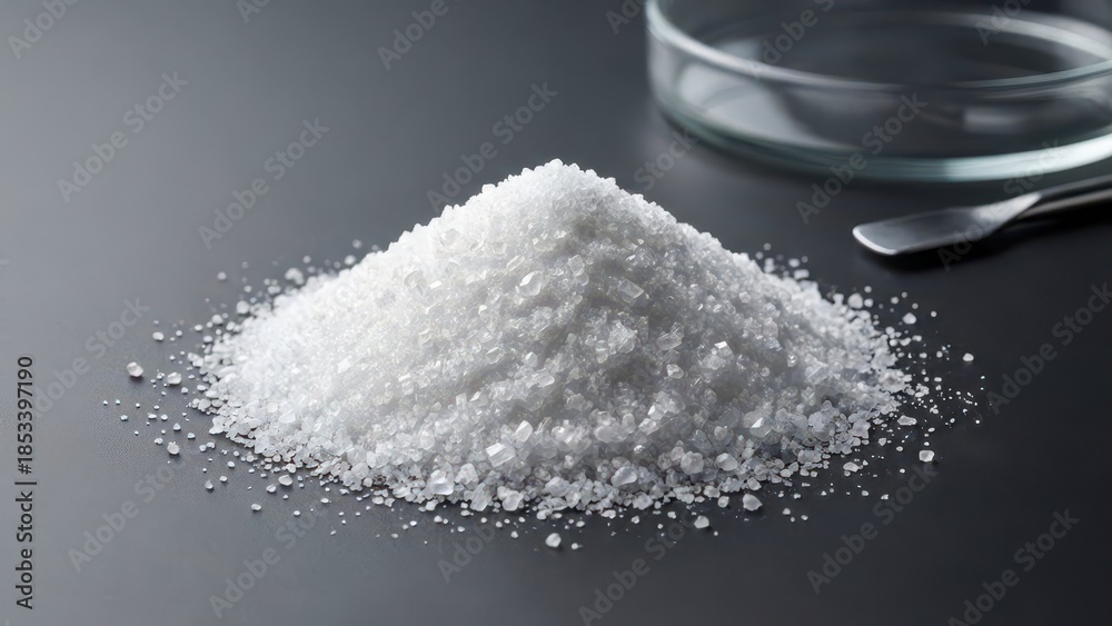 Close-Up of White Granulated Sugar Pile on Dark Surface with Laboratory Glassware in Background for Culinary and Science Themes