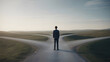 © Somlith Khmu - Conceptual photorealistic scene of a single generic human figure standing at a forked road with multiple paths extending into the distance, soft cinematic lighting, realistic environment, neutral tone