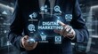 © CuteBee - Businessman interacts with a holographic interface displaying digital marketing strategy components like SEO, content, and advertising for business growth.