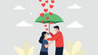 © Saimun - Romantic illustration of a man holding a green umbrella over a woman as red hearts rain down, symbolizing love and protection.