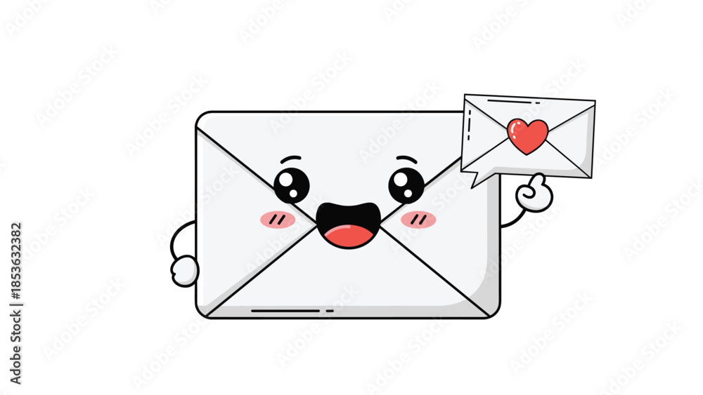 Cute kawaii cartoon envelope character holding up a smaller love letter with a heart, isolated on a clean white background.