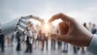 © Kessel - Robotic hand and human hand collaborating to connect a glowing puzzle piece, symbolizing partnership and innovation against a blurred background of people.