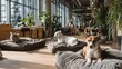 © Ruslan Gilmanshin - Three pets relaxing on cushioned beds in modern pet friendly office space with corgi, white dog and tabby cat resting comfortably in bright industrial workspace with plants and people background