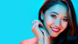 © master1305 - Clean design of smiling woman with digital grid on skin on blue background. Concept of skincare ads, cosmetic product promo, beauty brand campaigns, and social media content.