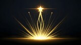Success achievement and leadership inspiration concept. Winning goals and celebration. Golden star rising from bright light rays and glowing particles against a dark background