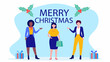 © Malik - Illustration of three women wishing merry christmas with gifts and holly on a light blue background design