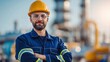 © FrameShift - The engineer stands confidently, wearing a yellow hard hat and safety glasses at a work site.