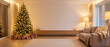 © Elenba - Christmas tree decorated with lights and ornaments in cozy living room, inviting atmosphere for holiday celebrations. Ideal for seasonal banners and promotions related to Christmas festivities.