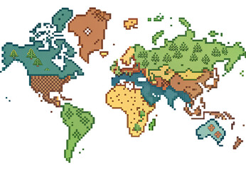  Stylized pixel art world map with artistic continental shapes, isolated on a transparent background