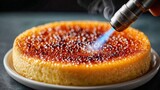 Close-up of a creme brulee being torched for a perfect caramelized sugar crust.
