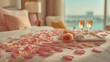 © Maryna - Bed with a tray of champagne glasses and roses on it. The bed is covered in pink petals, creating a romantic and intimate atmosphere