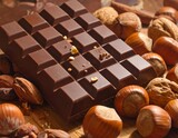 A close-up showcases a dark chocolate bar, perfectly molded, alongside an array of hazelnuts, almonds, and walnuts