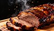 © STOCK AI - Smoked Beef Brisket Sliced on Wooden Board with Sparkling Embers