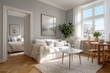 © Georgii - Cozy Scandinavian living room with neutral tones, wood furniture, and sunlit dining area