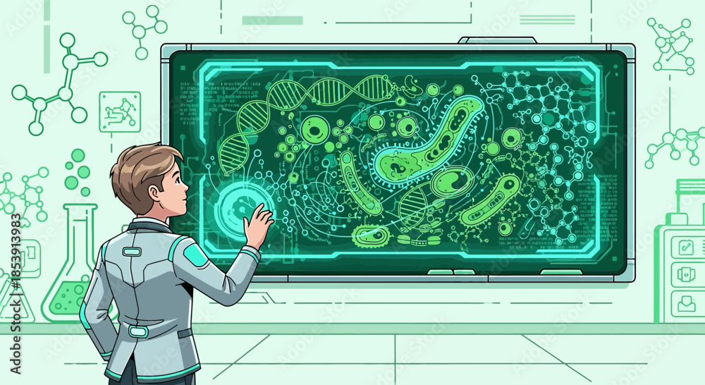 Futuristic scientist interacting with a molecular data interface in a ...