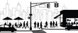© Monira - Urban street city silhouette with pedestrians traffic cafe crosswalk skyline modern lifestyle scene cad drawing flat vector illustration