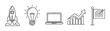 © Chinases - A set of clean line art icons representing business concepts: a rocket launching, a bright lightbulb for ideas, a laptop, a bar graph with an upward trend, and a target with an arrow.