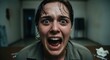 © kaja - A woman screaming loudly in a dimly lit room with a shocked expression on her face