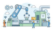 © Sabah - Robotics and automation concept. Robotic arm assembling products on conveyor belt. Tiny engineers monitoring smart factory. Industrial manufacturing. Industry 4.0 production line.