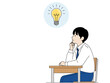 © Vector Factory - A thoughtful young boy sits at a desk, contemplating an idea represented by a lightbulb. Clean lines and a minimalist style evoke creativity and innovation.