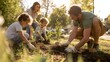 © fotofabrika - Family plants trees in community garden during sunny day in city park with children helping