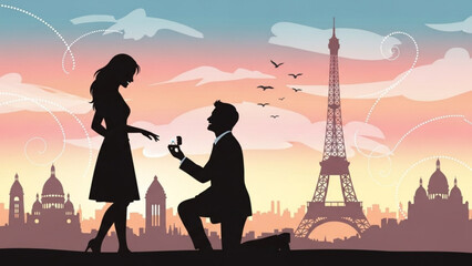  Romantic proposal in paris, eiffel tower silhouette at sunset, couple in love, marriage, engagement, vacation, travel