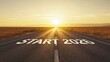 © MOON - START 2026 painted on an endless asphalt road stretching toward a brilliant golden sunset, representing the New Year's beginning, business goals, success, and the future journey.