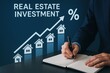© ParinApril - Business professional analyzing real estate investment trends with a notebook, emphasizing growth in property value and investment strategies. Concept of finance and market analysis.