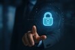 © ParinApril - Business professional interacting with a digital padlock icon representing cybersecurity and data protection. Concept of information security and technology innovation.