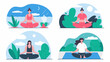 © sajida - Four illustrations of women meditating in different settings and times of day practicing mindfulness and wellness