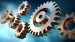 © Naret - Golden gear metal cog mechanical wheel precision technology industry background engineering concept teamwork idea connection machinery detail innovation symbol golden gear and metal cog mechanical