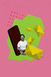 © deagreez - Banner trend collage of person sit near smart gadget with flying emails on pink background
