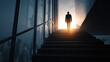 © YM Creative Studio - Business Person Climbing Stairs Toward Bright Light in Modern Office Building Success Career Growth Ambition Concept