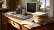 © Thares2020 - Vintage wooden desk with computer papers and plants in soft sunlight