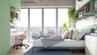 © Victor zastol'skiy - Modern bedroom interior with green shelves and city view. 3D rendering of teen room
