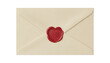 © Happy Carrot - Vintage cream-colored textured paper envelope is sealed with a shiny red wax stamp featuring a romantic heart shape, representing a classic love letter or secret correspondence