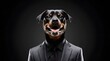 © Kiozmedias.fr - Chien rottweiler heureux vêtu d'un costume élégant, symbolisant le professionnalisme et la réussite. Il à un sourire fier