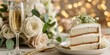© Irina Kozel - Slice of elegant wedding cake with white frosting, champagne glass, white rose bouquet, and warm bokeh lights evoke romantic celebration atmosphere