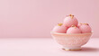 © marini - Indian desserts such as gulab jamun or rasmalai styled in a pastel lifestyle aesthetic, porcelain tableware, soft diffused light, powder pink background