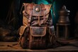 © juliars - Worn leather backpack displaying adventure, travel, and craftsmanship on a wooden surface