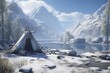 © juliars - Primitive tent standing on a snow covered shore of a calm lake surrounded by mountains