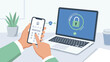 © Gab - Two-factor authentication concept. 2FA security login. User holding phone entering code. Laptop lock screen. Cybersecurity technology. Multi-factor safety. Identity verification.