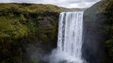 A powerful waterfall plunges over a high cliff face covered in vibrant green moss. Mist rises from the base of the falls, creating a dramatic and awe inspiring natural scene in Iceland.