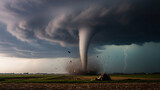 A powerful tornado forming over open land, capturing the raw force of nature and weather disaster.