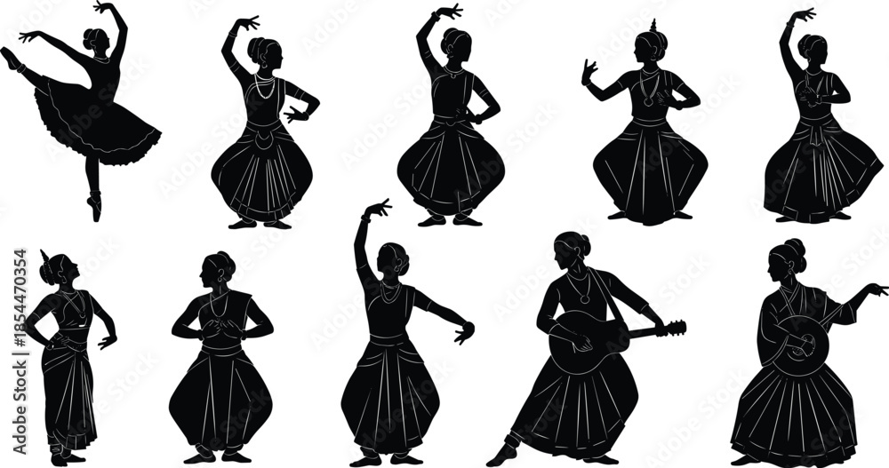 Dancer silhouette vector set, Indian classical dance poses, ballet ...
