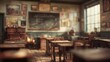 © morepiixel - A nostalgic classroom scene with wooden desks, a chalkboard, and vintage educational posters, evoking a sense of history and learning.